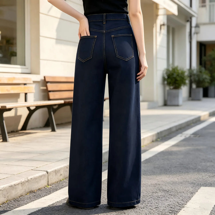 Women's High-Waisted Wide-Leg Jeans, Loose Fit with Classic Pockets, Urban Casual Style, Dark Blue Denim Pants for Modern Everyday Look Yw-1192J