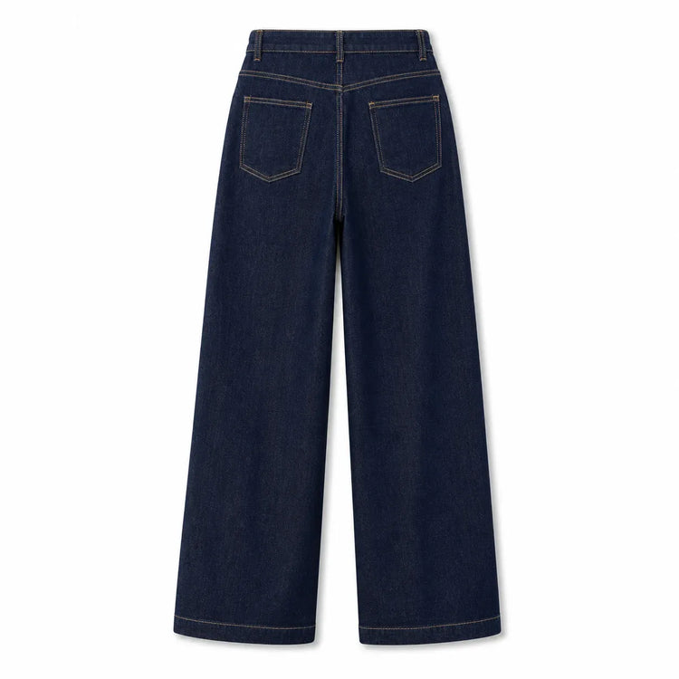 Women's High-Waisted Wide-Leg Jeans, Loose Fit with Classic Pockets, Urban Casual Style, Dark Blue Denim Pants for Modern Everyday Look Yw-1192J