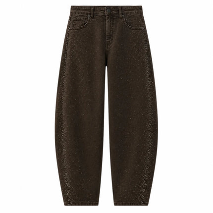 Barrel Women's Jeans High Waist Denim Brown Washed Coffee Rhinestones Side Scattered pants Wide Curved Balloon Streetwear For City Outings Look Retro Glam FX5429-4