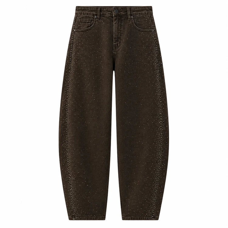 Barrel Women's Jeans High Waist Denim Brown Washed Coffee Rhinestones Side Scattered pants Wide Curved Balloon Streetwear For City Outings Look Retro Glam FX5429-4