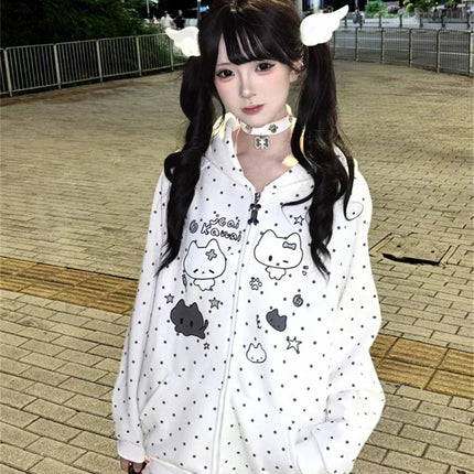 Japanese Y2k Hoodies Jackets Women Clothes Polka Dot Cat Print Sweatshirts 2025 Ropa Mujer Casual Chic Hooded Cute Hoodie Tops