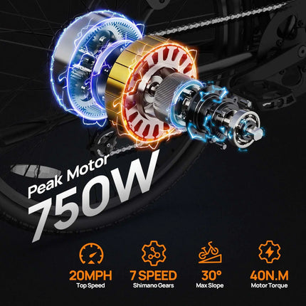 Urlife E26 750W Peak Bicicletta Elettrica per Pendolari a Lungo Raggio, Pneumatici 26×2 Pollici, Batteria al Litio Rimovibile ad Alta Capacità 36V 13Ah, 7 Velocità, Freno Idraulico, Display LCD