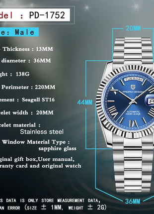 Orologi da uomo Gaphani DESIGN Blu, Orologio automatico di lusso da uomo, Vetro Zaffiro AR, Orologio Meccanico, Consegna da Magazzino Europeo