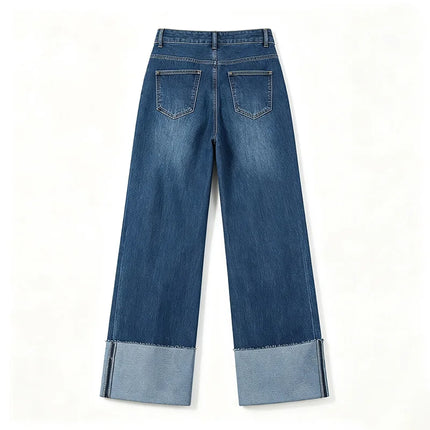 Women's Wide Leg High Waist Jeans with Frayed Hem, Classic Wash Blue Denim Pants, French Casual Style, Soft Fabric with Good Drape for Outings and Leisure Yw-1329