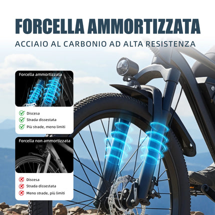 Bicicletta elettrica Aairsk Q7 con motore da 250W, batteria rimovibile da 36V 10Ah, velocità massima di 25 km/h, doppia sospensione e autonomia da 45 a 75 km per carica. Bicicletta elettrica per adulti.