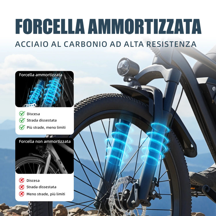 Bicicletta elettrica Aairsk Q7 con motore da 250W, batteria rimovibile da 36V 10Ah, velocità massima di 25 km/h, doppia sospensione e autonomia da 45 a 75 km per carica. Bicicletta elettrica per adulti.
