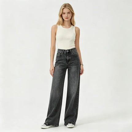 High Waist Wide Leg Women's Jeans Black Vintage Wash Effect Denim Fitted Retro Texture, Wide Soft Streetwear pants, Ideal for Casual Outings And Urban Looks, Comfortable Fit Valuing Silhouette FX5153