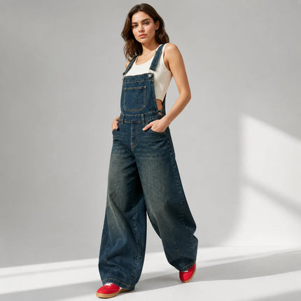 Women's Lantern Leg Jeans Overalls in Blue Denim Vintage Wash, Adjustable Straps, Comfortable Loose Fit, Urban Casual Style for Leisure Outings Yw‑1890