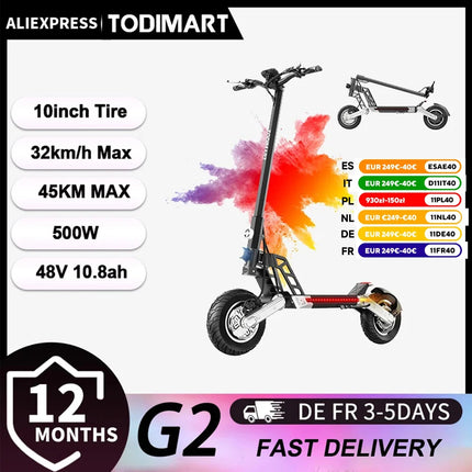 Scooter elettrici TODIMART G2, batteria 48 V 10,4 Ah, motore 500 W, pneumatici fuoristrada da 10 pollici, portata 40-45 km platinumshop