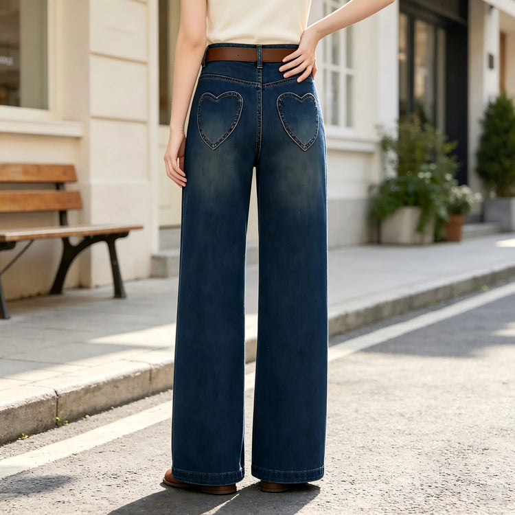 Women's High-Waisted Wide-Leg Jeans with Heart-Shaped Pockets, Belt Included, Retro Vintage Wash Denim, Loose-Fitting Pants That Elongate the Legs and Enhance the Silhouette, Comfortable Relaxed Fit, Yw-1892