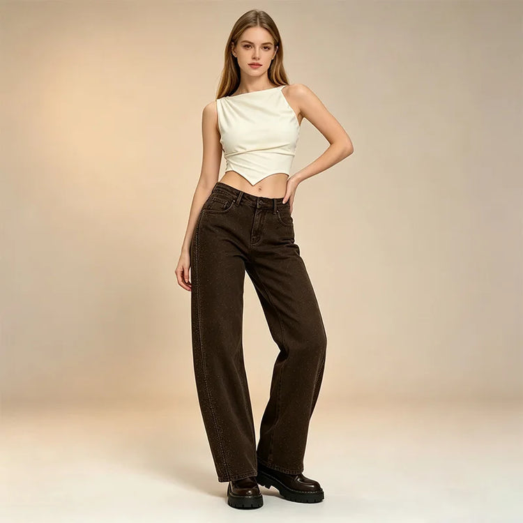 Barrel Women's Jeans High Waist Denim Brown Washed Coffee Rhinestones Side Scattered pants Wide Curved Balloon Streetwear For City Outings Look Retro Glam FX5429-4