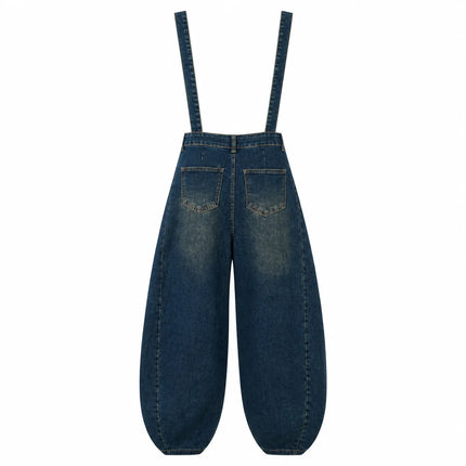 Women's Lantern Leg Jeans Overalls in Blue Denim Vintage Wash, Adjustable Straps, Comfortable Loose Fit, Urban Casual Style for Leisure Outings Yw‑1890