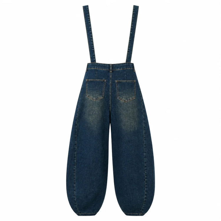Women's Lantern Leg Jeans Overalls in Blue Denim Vintage Wash, Adjustable Straps, Comfortable Loose Fit, Urban Casual Style for Leisure Outings Yw‑1890