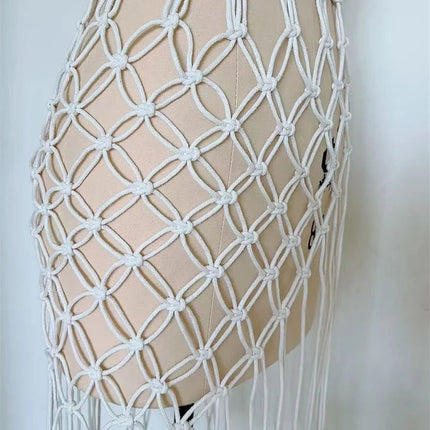 Gonna all'uncinetto fatta a mano Sexy scava fuori nappa con lacci gonna a vita alta salone avvolgente fondo bikini copricostume costume da bagno donna platinumshop