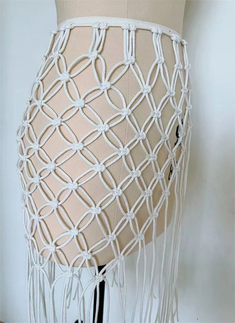 Gonna all'uncinetto fatta a mano Sexy scava fuori nappa con lacci gonna a vita alta salone avvolgente fondo bikini copricostume costume da bagno donna platinumshop
