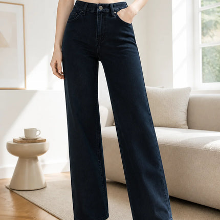Women's High-Waisted Wide-Leg Jeans in Dark Navy Blue, Comfortable Stretch Denim Fabric, 5-Pocket Design, Slimming Effect, Hides Leg Imperfections, Elegant Casual Style for Daily Outfits and Work Looks Fx1338‑7