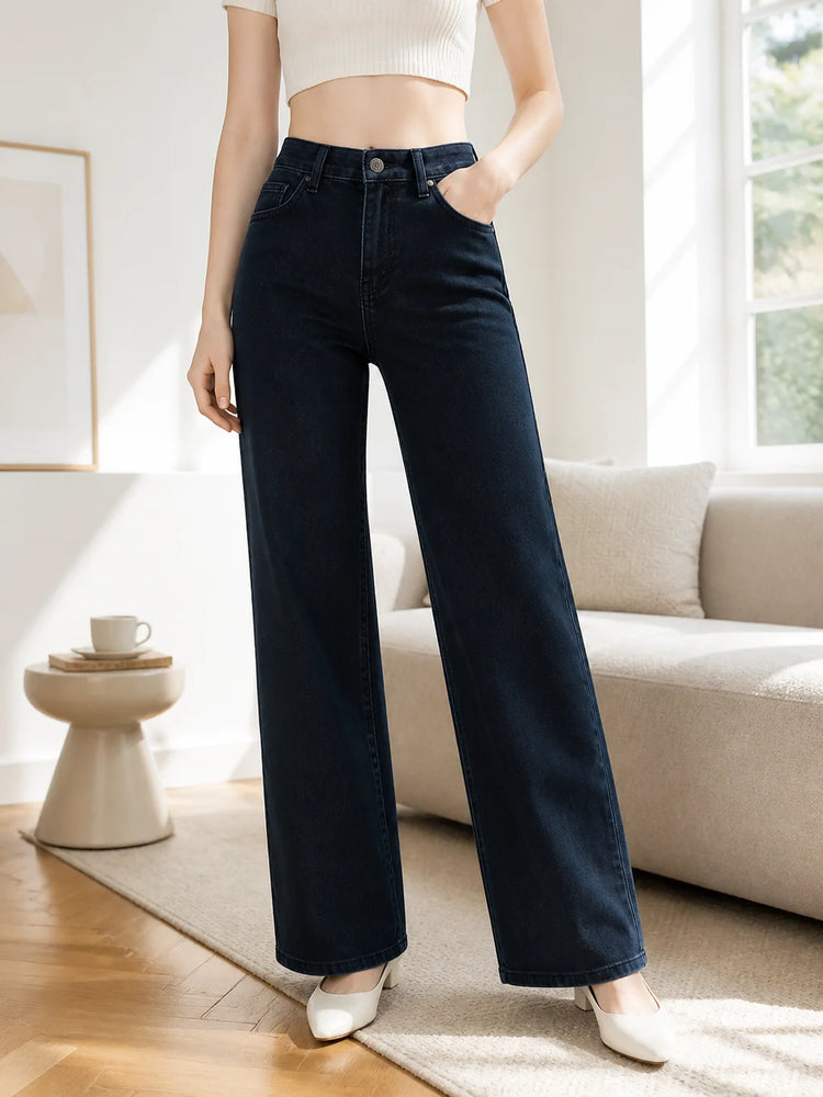 Women's High-Waisted Wide-Leg Jeans in Dark Navy Blue, Comfortable Stretch Denim Fabric, 5-Pocket Design, Slimming Effect, Hides Leg Imperfections, Elegant Casual Style for Daily Outfits and Work Looks Fx1338‑7