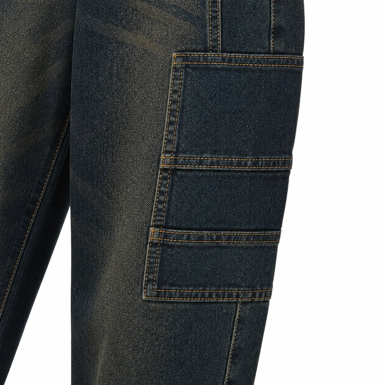 Blue cargo woman Jeans Cross-Waist Double buttons Denim Wash Vintage Fit Loose Side Pockets Perfect for Urban Streetwear Casual, Comfortable, Trendy Everyday Look FX912
