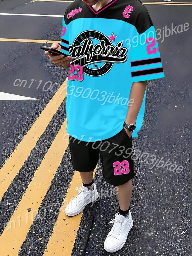 T-shirt e pantaloncini a maniche corte CALIFORN NO.23 da uomo Set t-shirt da donna a maniche corte con scollo a V sfumato