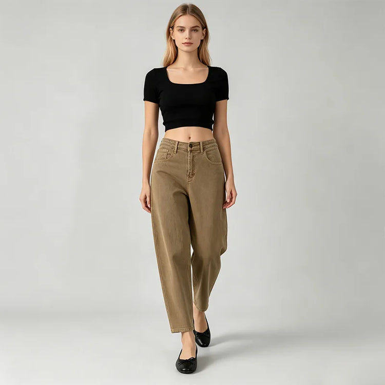 Jeans ballet woman khaki high waist wash vintage denim soft fit large pockets urban streetwear casual style ruffled silhouette ideal for daily outfits and outings FX5314-5