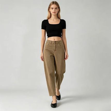 Jeans ballet woman khaki high waist wash vintage denim soft fit large pockets urban streetwear casual style ruffled silhouette ideal for daily outfits and outings FX5314-5