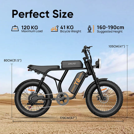 Bicicletta Elettrica URLIFE T2 con Pneumatici Larghi per Adulti, Batteria al Litio Rimovibile 48V 15.6Ah, Autonomia 100KM, Ruote 20×4 Pollici, E-bike Fuoristrada con Doppio Freno a Disco, Spedizione Gratuita