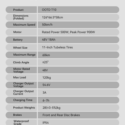 Monopattino Elettrico Pieghevole per Adulti OOTD T10, Motore Max 900W e Batteria 18Ah, Autonomia 45-60km, Ruote All-Terrain da 11 Pollici platinumshop