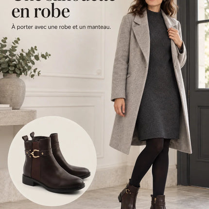 Bel Chou's J130-63 Women's Dark Brown Low Heel Boots with Inner Zipper and Gold Buckle