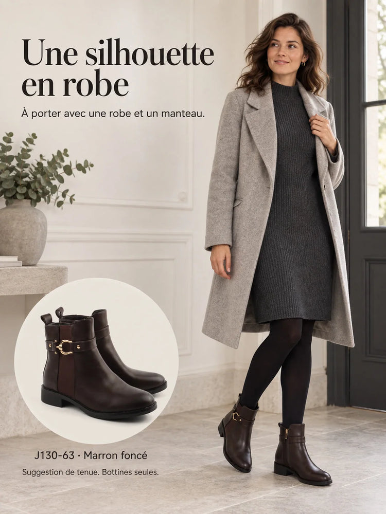 Bel Chou's J130-63 Women's Dark Brown Low Heel Boots with Inner Zipper and Gold Buckle