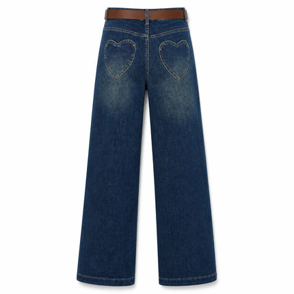 Women's High-Waisted Wide-Leg Jeans with Heart-Shaped Pockets, Belt Included, Retro Vintage Wash Denim, Loose-Fitting Pants That Elongate the Legs and Enhance the Silhouette, Comfortable Relaxed Fit, Yw-1892