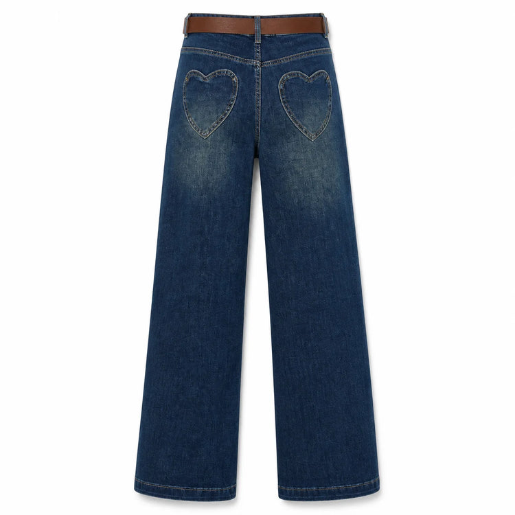 Women's High-Waisted Wide-Leg Jeans with Heart-Shaped Pockets, Belt Included, Retro Vintage Wash Denim, Loose-Fitting Pants That Elongate the Legs and Enhance the Silhouette, Comfortable Relaxed Fit, Yw-1892