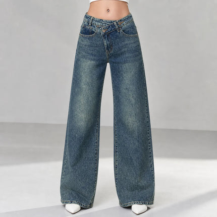 Women's Wide Leg Jeans with Distressed Waist, Blue Denim with Vintage Texture Effect, Crossed Oblique Closure, Loose Fit for Leg Shaping, Y2K Streetwear Style, Ideal for Outings, Urban Life, Dates, Spring Summer Autumn Winter