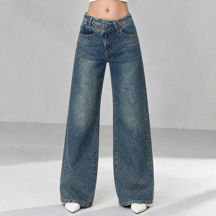 Women's Wide Leg Jeans with Distressed Waist, Blue Denim with Vintage Texture Effect, Crossed Oblique Closure, Loose Fit for Leg Shaping, Y2K Streetwear Style, Ideal for Outings, Urban Life, Dates, Spring Summer Autumn Winter