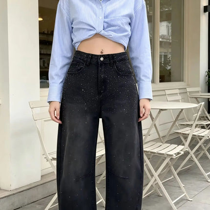 High Waist woman Jeans Barrel Model Black Denim Vintage Wash Sparse Brilliant Detail large trousers Leg Curved Streetwear Y2K Fashion Casual Outfits YW-1842