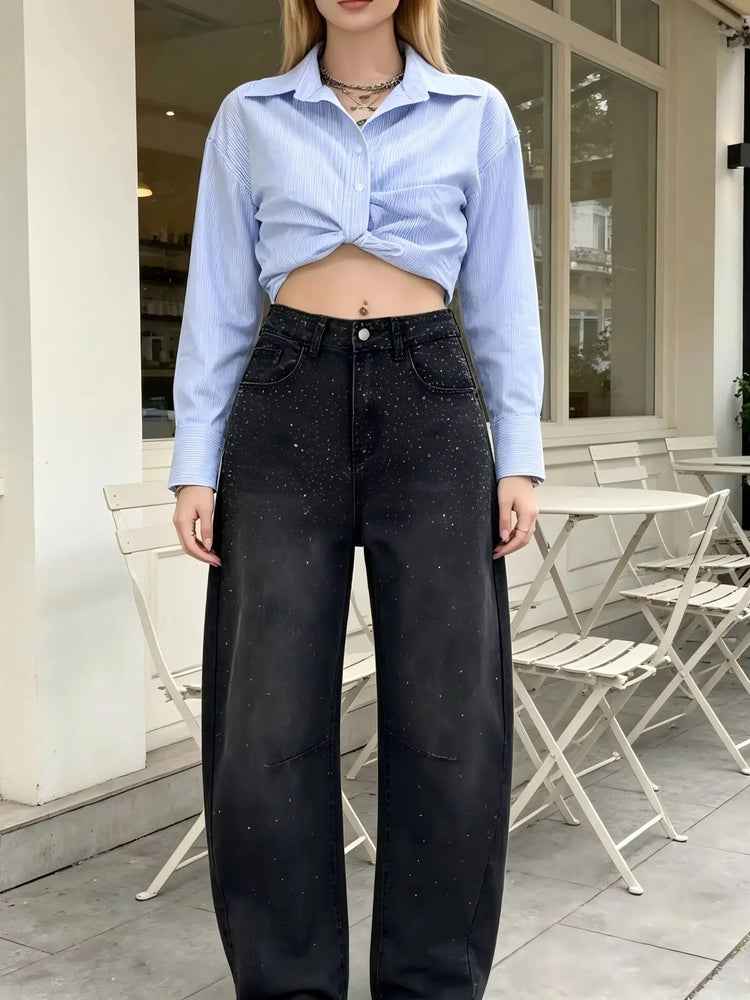 High Waist woman Jeans Barrel Model Black Denim Vintage Wash Sparse Brilliant Detail large trousers Leg Curved Streetwear Y2K Fashion Casual Outfits YW-1842