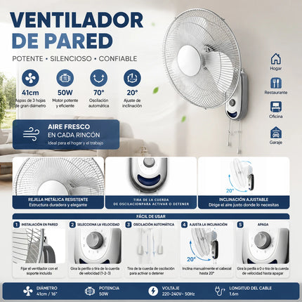 Ventilatore da parete, ventilatore da parete bianco ad alto flusso, ventilatore regolabile a 3 velocità per casa, ufficio e garage