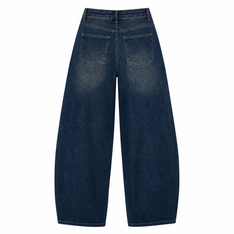 Women’s high-waisted bootcut vintage-wash jeans, cuffed-leg denim trousers with contoured stitching, Y2K streetwear casual fashion, sizes XS–XL sold individually FX5433
