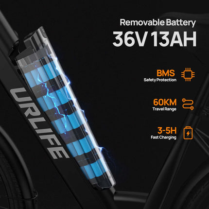 Bicicletta elettrica da pendolarismo Urlife E26, 26 pollici, 36V 13Ah, batteria rimovibile, 32 km/h, e-bike per adulti, bicicletta elettrica per il pendolarismo verso il lavoro