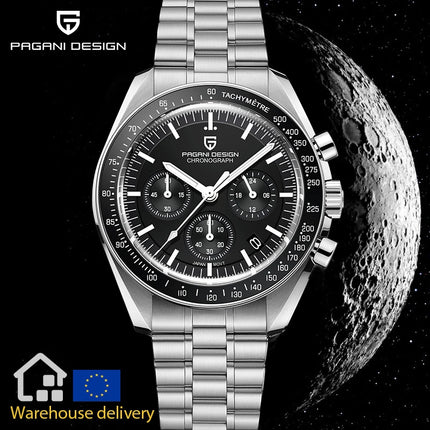 2026 Nuovi PAGANI DESIGN Uomo Luna orologi di lusso orologio al quarzo Uomo nero Automatico Data Velocità Cronografo impermeabile in acciaio inox Wristwathch Spedito localmente in Europa