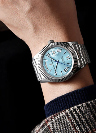 Orologio automatico di lusso Blue DESIGN Ice Blue per uomo, orologio da polso meccanico in acciaio inossidabile, impermeabile, vetro zaffiro AR, consegna locale