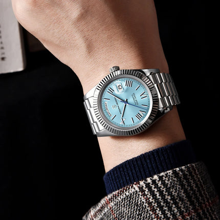 Orologio automatico di lusso Blue DESIGN Ice Blue per uomo, orologio da polso meccanico in acciaio inossidabile, impermeabile, vetro zaffiro AR, consegna locale