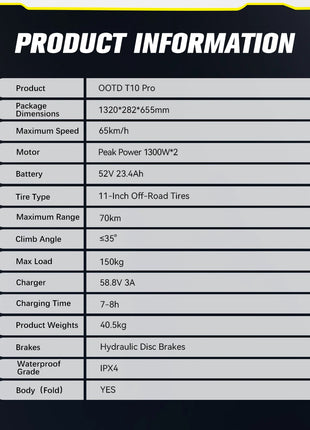 Monopattino elettrico OOTD T10PRO con motore da 2600W, 60 km/h, batteria al litio 52V 23.4Ah, illuminazione ambientale, freno idraulico