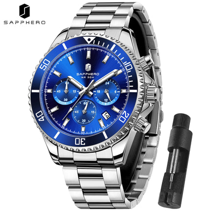 SAPPHERO Orologio Uomo Quarzo Lusso Cronografo Sport Acciaio Inossidabile Impermeabile 50M Data Luminoso Orologio Elegante Business