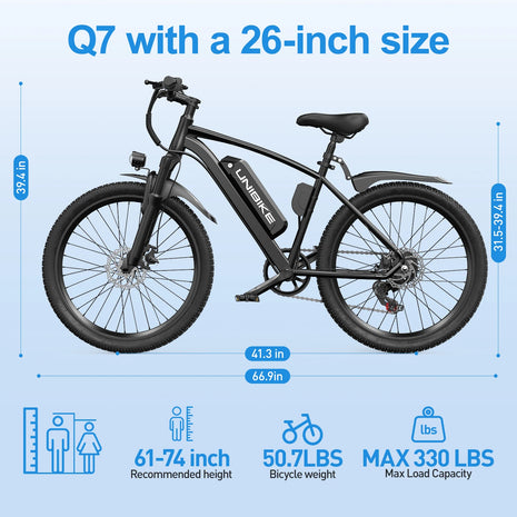 Bicicletta elettrica Aairsk Q7 con motore da 250W, batteria rimovibile da 36V 10Ah, velocità massima di 25 km/h, doppia sospensione e autonomia da 45 a 75 km per carica. Bicicletta elettrica per adulti.
