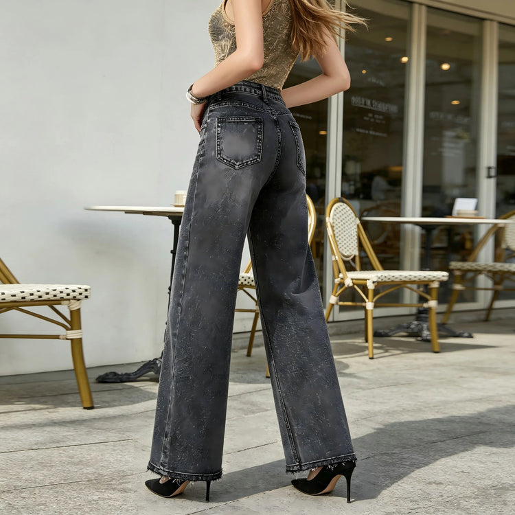 Women's High-Waisted Wide-Leg Jeans in Gray and Black Vintage Style, Trendy Frayed Hem Loose Fit, Stylish Casual Pants in Streetwear Style, Retro Distressed Wash, Flowy Cut That Elongates Legs and Enhances the Silhouette, Fx5