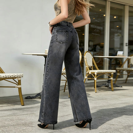 Women's High-Waisted Wide-Leg Jeans in Gray and Black Vintage Style, Trendy Frayed Hem Loose Fit, Stylish Casual Pants in Streetwear Style, Retro Distressed Wash, Flowy Cut That Elongates Legs and Enhances the Silhouette, Fx5