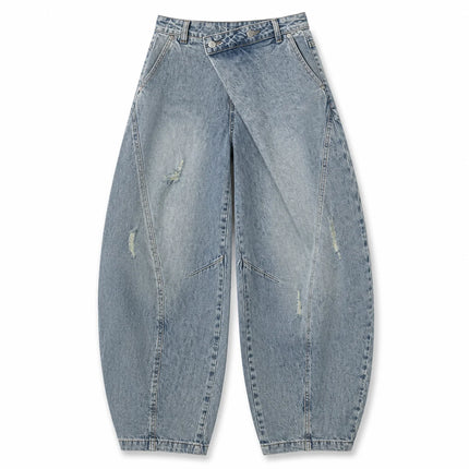 Y2K women’s cross-waist baggy jeans, light-wash effect wide-leg denim trousers with decorative rips and asymmetrical stitching, streetwear style, sizes XS‑S‑M‑L YW1587