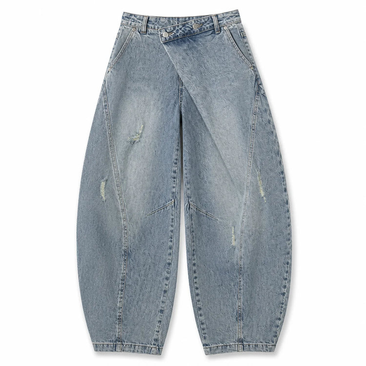 Y2K women’s cross-waist baggy jeans, light-wash effect wide-leg denim trousers with decorative rips and asymmetrical stitching, streetwear style, sizes XS‑S‑M‑L YW1587