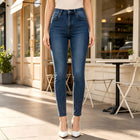 Women’s high-waisted skinny jeans with gradient rhinestones at the ankles, stretchy blue denim, five-pocket trousers in an elegant style, fashionable pieces for evenings and everyday looks, comfortable fabric FX5024