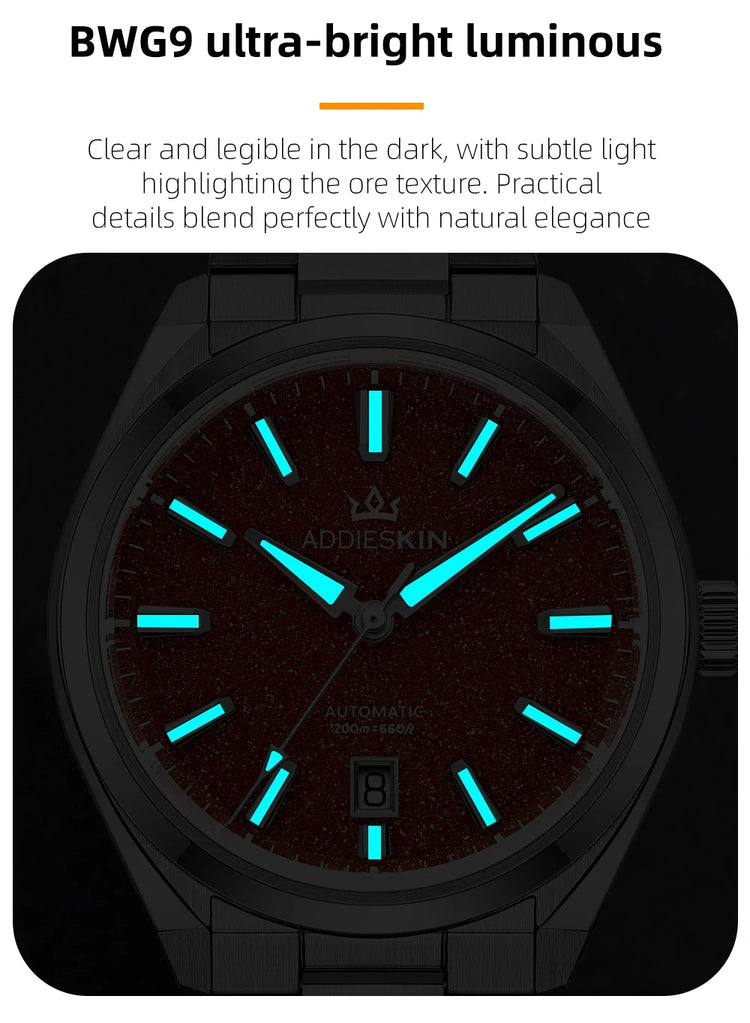 ADDIESKIN K010 Men's Automatic Watch Natural Stone Dial Tiger Eye Turquoise Goldstone Sapphire Crystal Miyota 9015 BGW9 Luminous